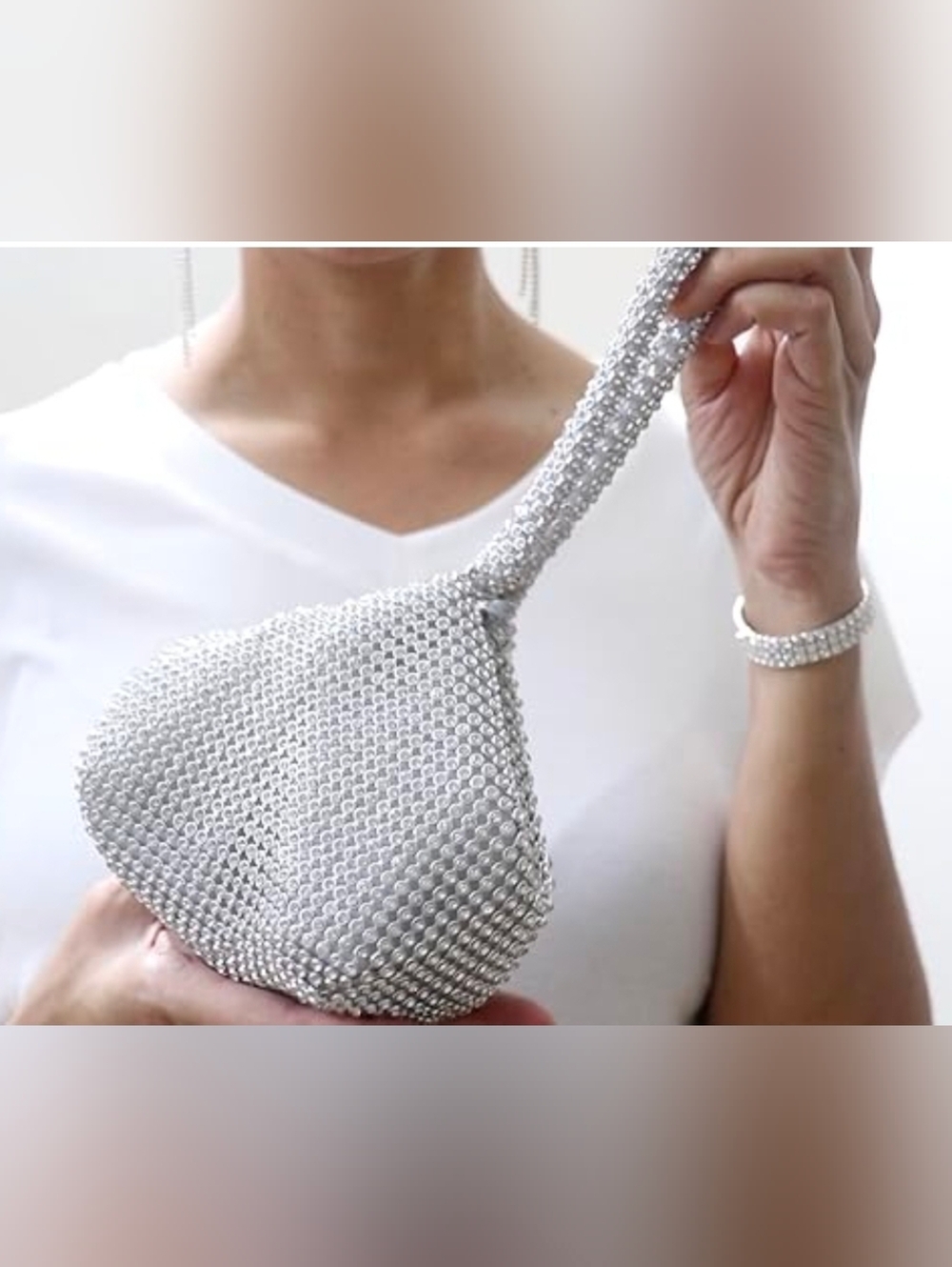 Crystal Beaded Wristlet Bag in Silver